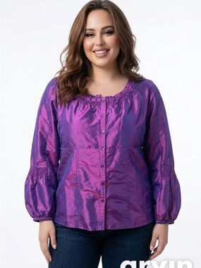 Kenar Shimmering Magenta-Purple Button Front Blouse